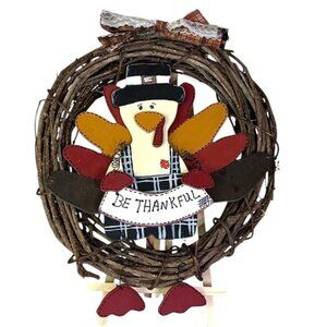 Hand Crafted Thanksgiving Turkey Wreath BeThankful Rustic Red Brown Accent 14 In